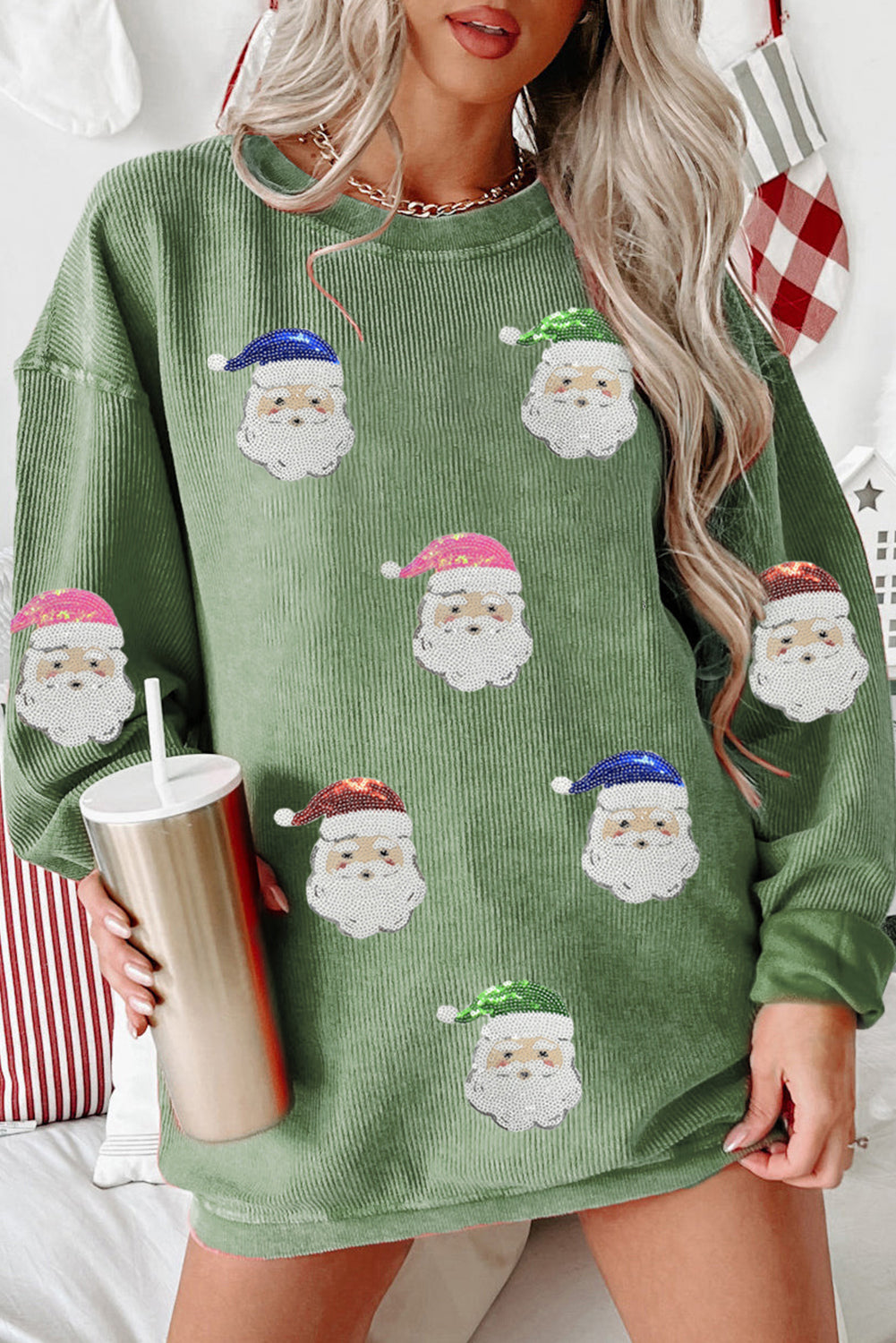 Grass Green Corded Ribbed Santa Claus Graphic Sequins Patch Sweatshirt 33723b38ea79e69a