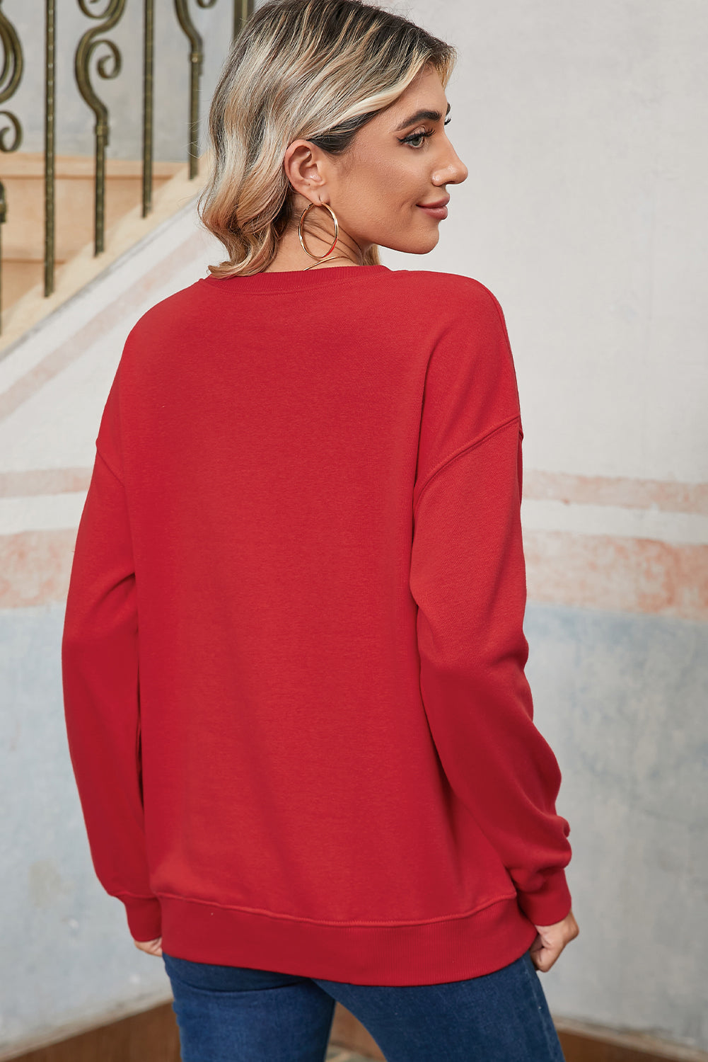 Red HOLLY JOLLY Heat Transfer Printing Graphic Christmas Pullover Sweatshirt 3380a44a72a99634