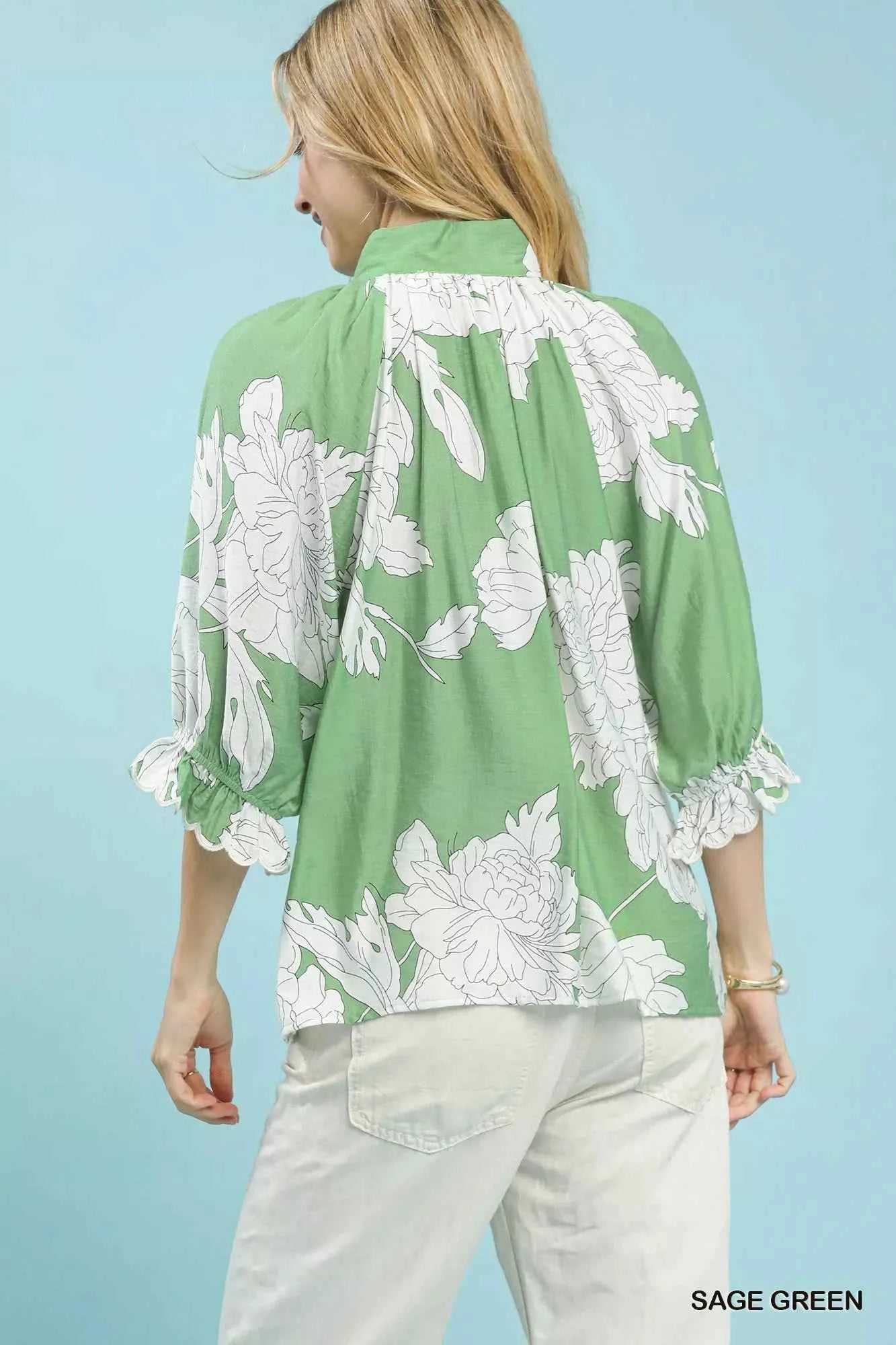 Umgee Peony Illustration Print Flounce Sleeve Blouse 338ed703-ef1b-4172-aa65-7173a7838777-Max-Origin