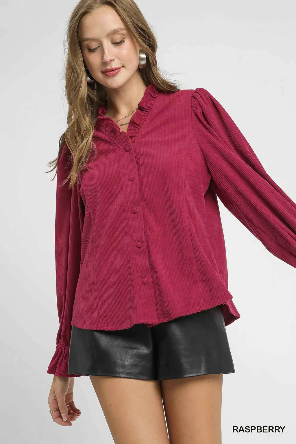 Umgee Corduroy Ruffle Shirt with Long Puff Sleeves 339f0e00-d46b-4733-9c6e-70d107d2dfd6-Max-Origin