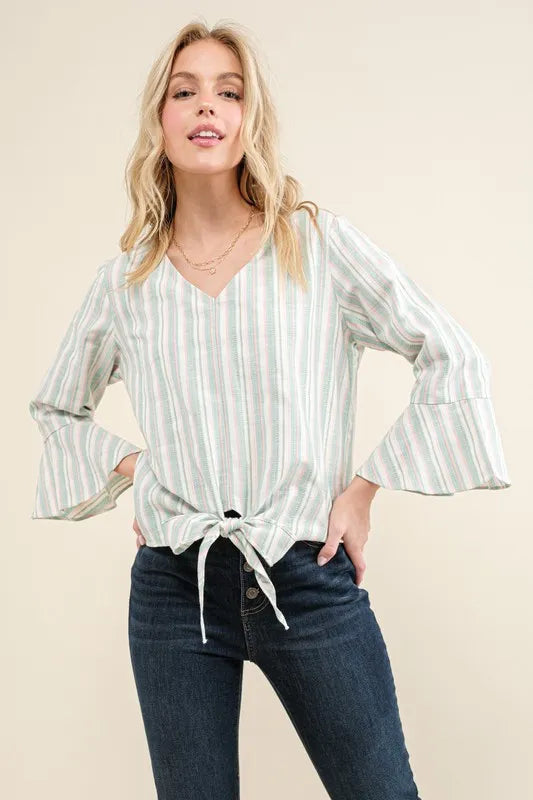 And The Why Stripe Tie Knot Front Bell Sleeve Top 33b65410683a49baa9d01c99e34e9f8d-Max-Origin