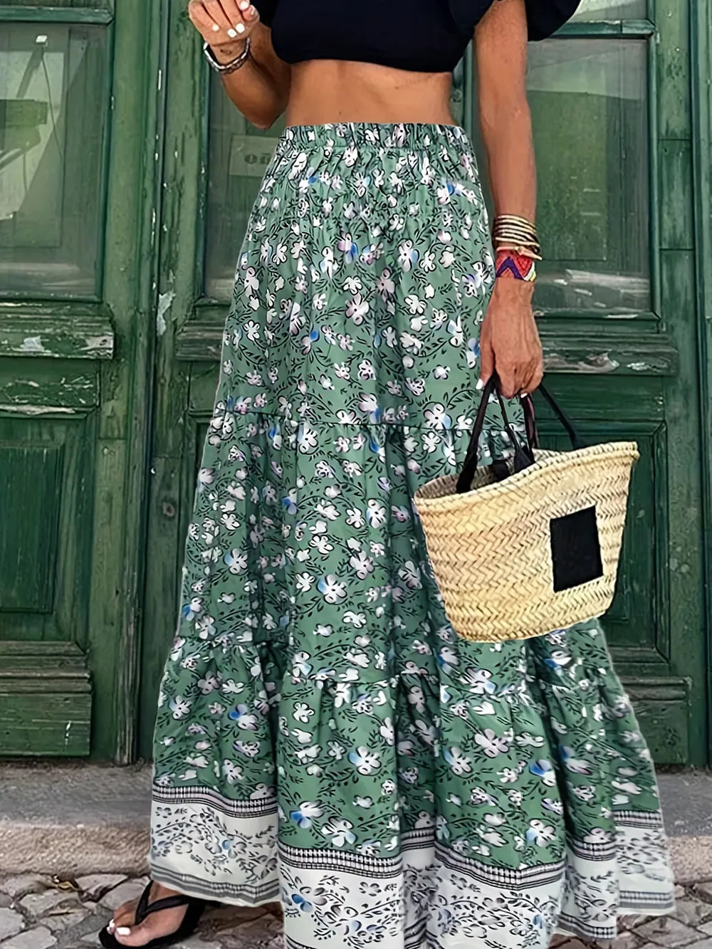 Full Size Tiered Printed Elastic Waist Skirt Green 33d1fbb4-a92e-4108-a768-4afbeec4acb6-Max