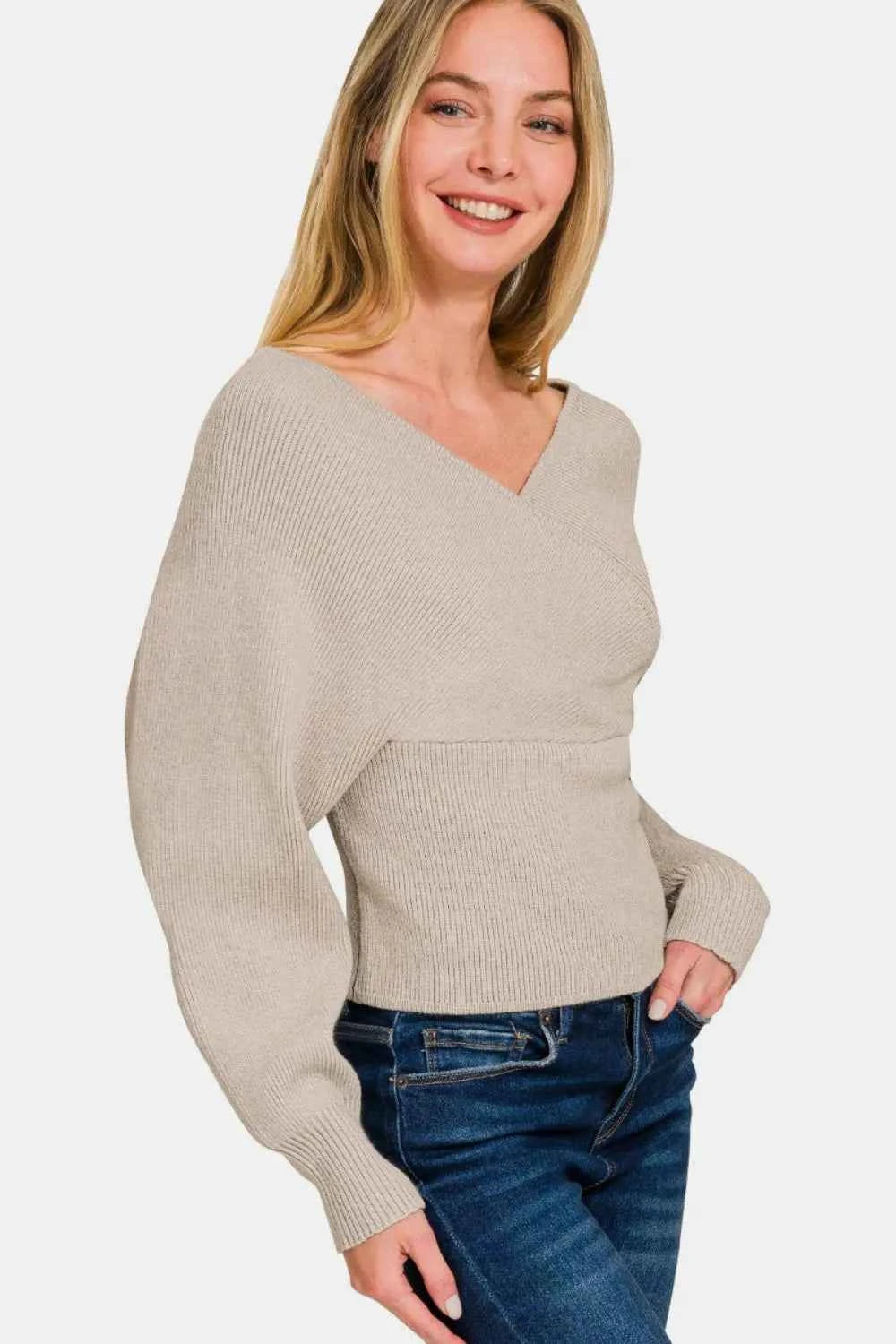 Zenana Cross Wrap Rib Long Sleeve Sweater 33d32449-79a9-4626-9fb1-391ed85dc134-Max