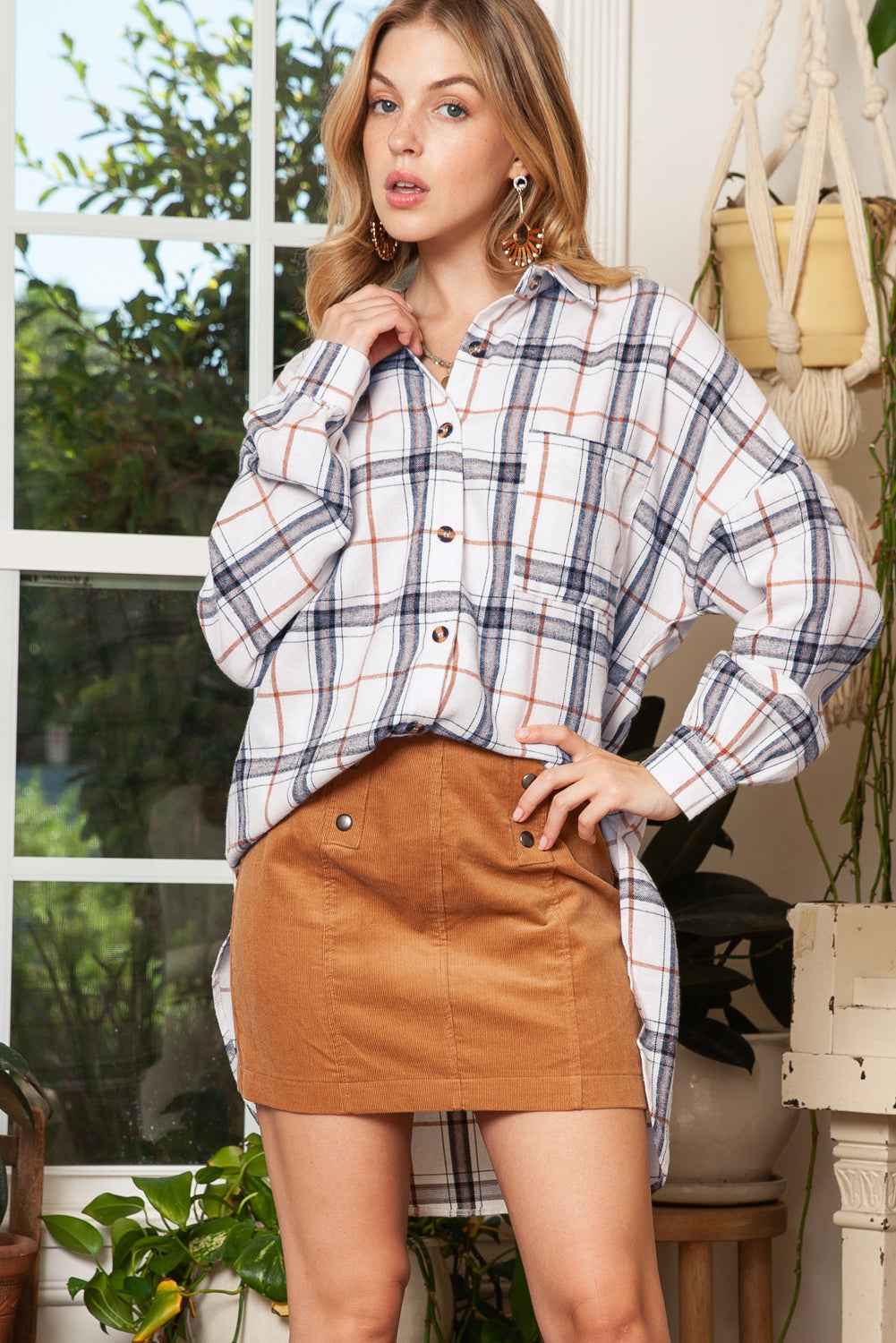 White Plaid Slits Bishop Sleeve Oversized Shacket 33d932e64f242f2b