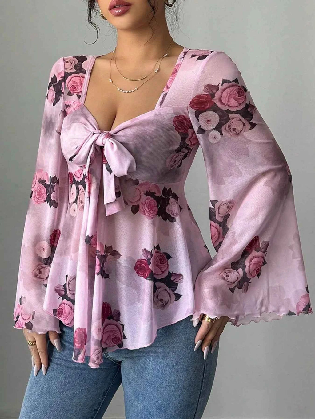 Floral Tie Front Flare Sleeve Blouse 33d9f47d-f89b-40a9-91f6-d2f927e1e8b6-Max-Origin