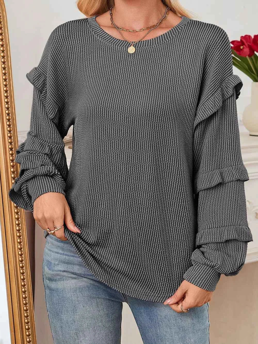 Round Neck Ruffled Long Sleeve Sweatshirt Dark Gray 33dacabfae9045f49f986d1f69c03d47-Max