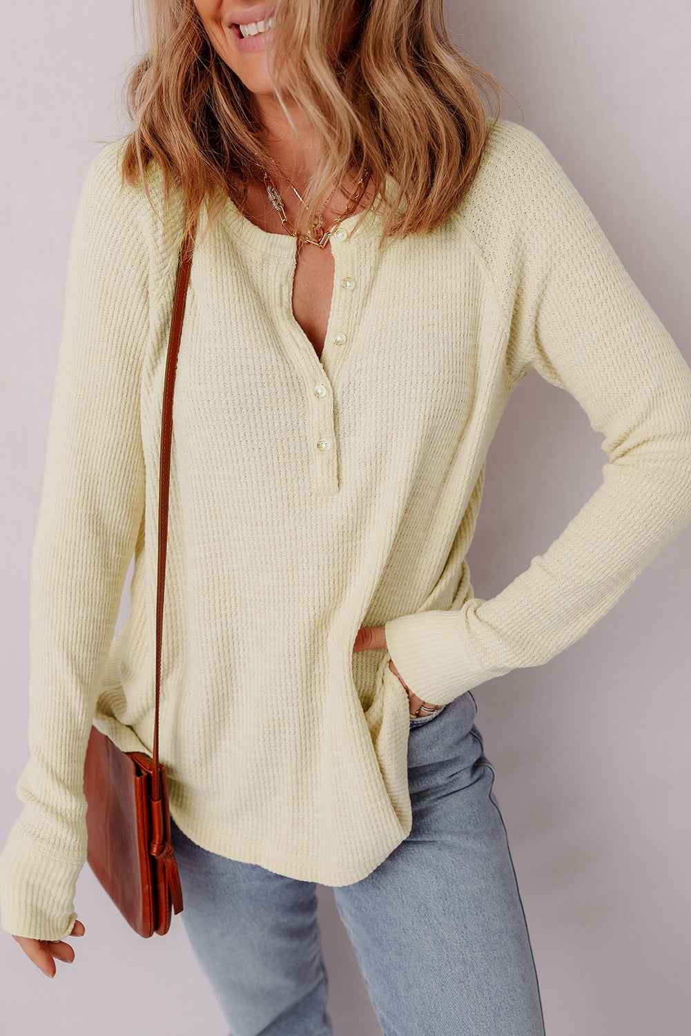 Oatmeal Textured Knit Half Button Henley Top Oatmeal 97%Polyester+3%Elastane 33f7aba81a3bad0f