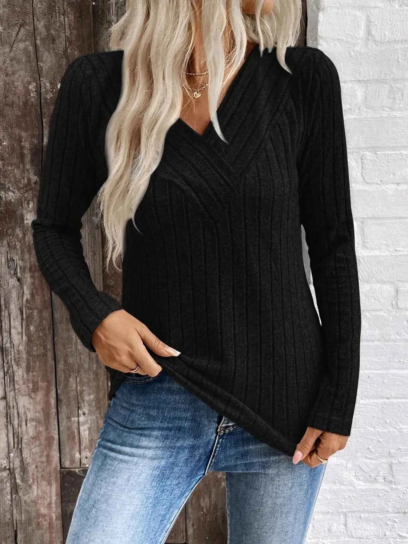 Ribbed V-Neck Long Sleeve Knit T-Shirt