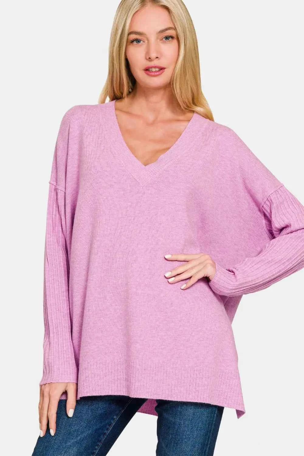 Zenana V-Neck Side Slit High-Low Sweater H Mauve 34216a90-5b67-4319-930c-45dbd9a152a8-Max