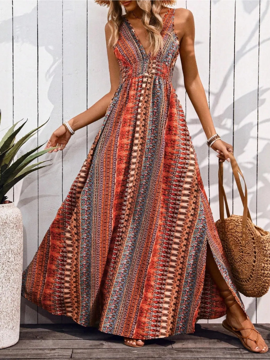 Tied Back Printed Sleeveless Maxi Slit Dress Orange-Red 34264d1d-da6c-421e-be94-7e2041ea03ad-Max-Origin