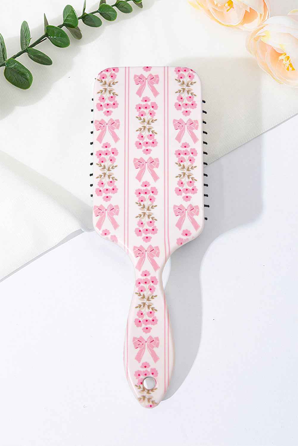 Pink Flower and Bow Printed Striped Hair Cushion Comb Pink ONE SIZE ABS 3428c5bdb08cad75