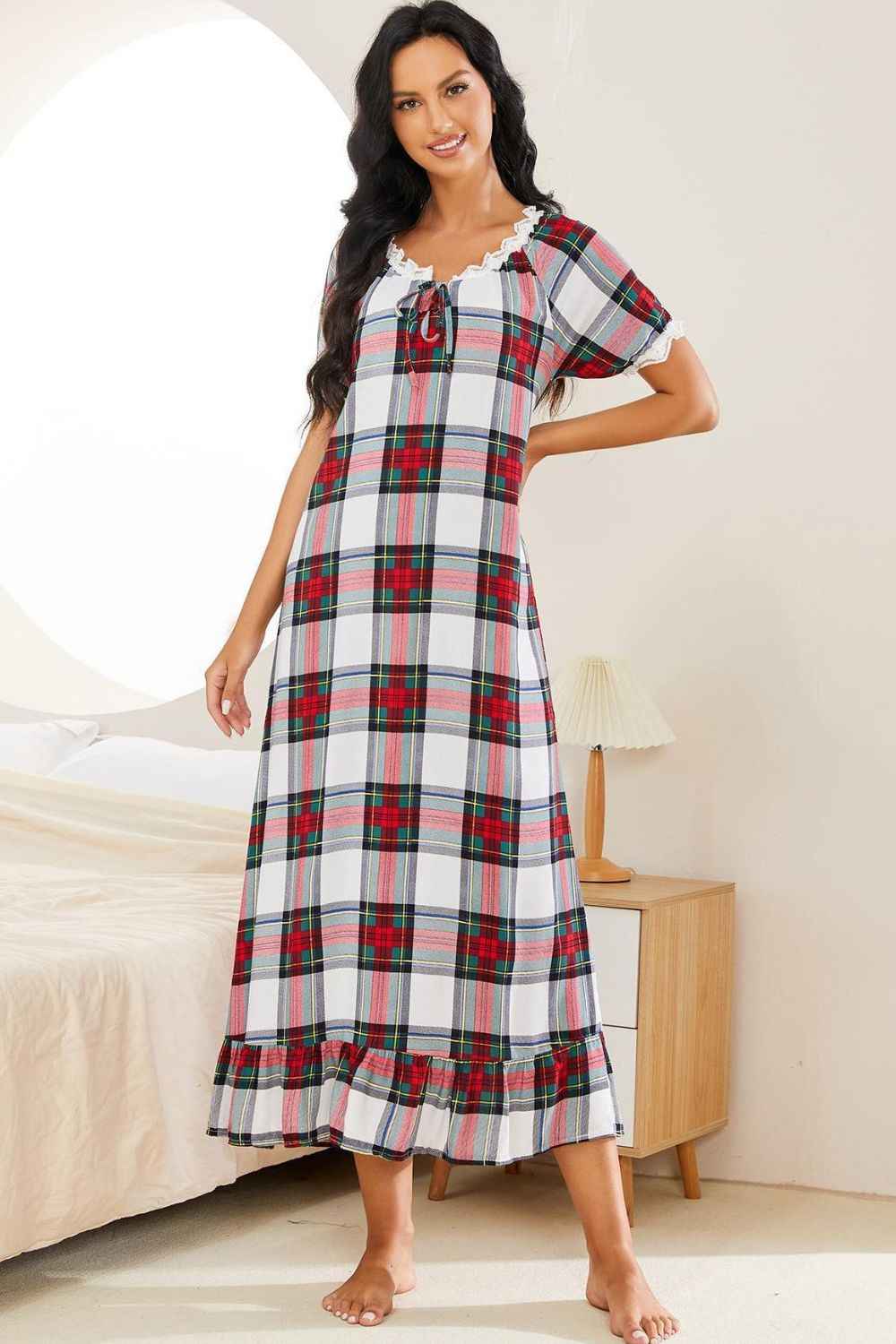Plaid Lace Trim Ruffle Hem Night Dress Plaid 34306797dcb141fc8c97efe539d0a22d-Max
