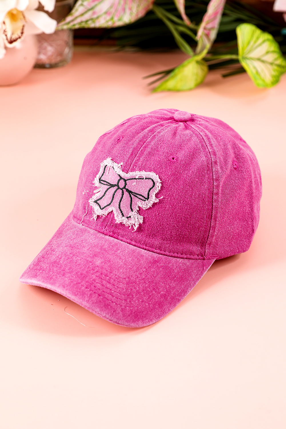 Rose Red Distressed Bow Patched Baseball Cap 3444afbd56e5a59d