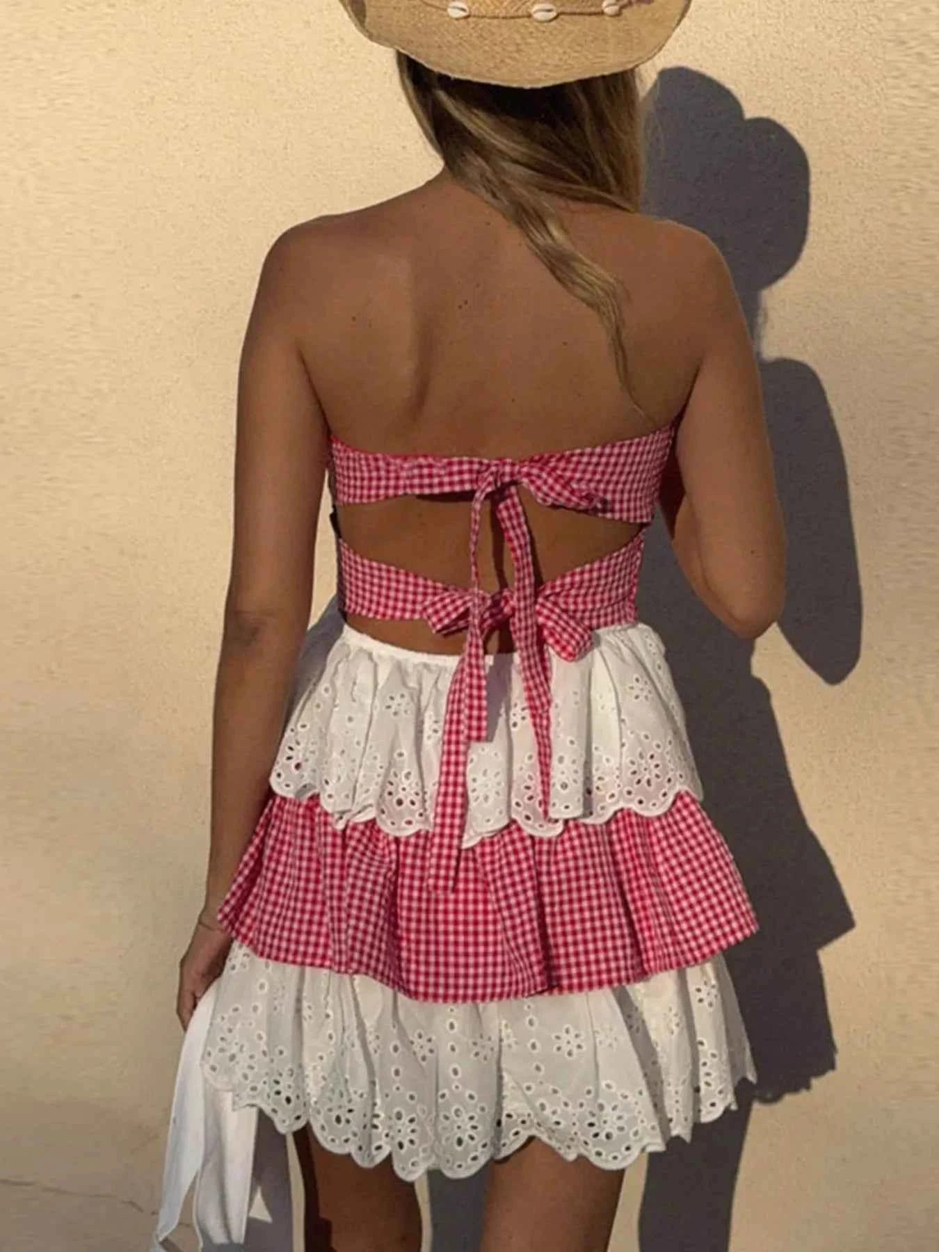 Eyelet Gingham Ruffle Layered Tube Dress 344da248-f34b-4b76-9b5a-6a270f5dfe83-Max-Origin
