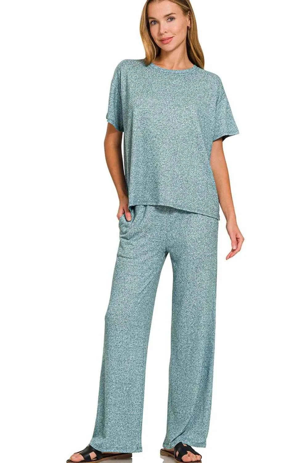 Zenana Soft Melange Short Sleeve Tee & Long Pants Set TEAL 345367b3-f620-4f1f-b452-440130ac2787-Max-Origin