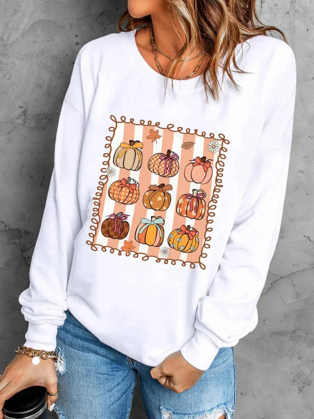 Pumpkin Graphic Round Neck Sweatshirt White 345401672983485aac19707fc1de6821-Max-Origin