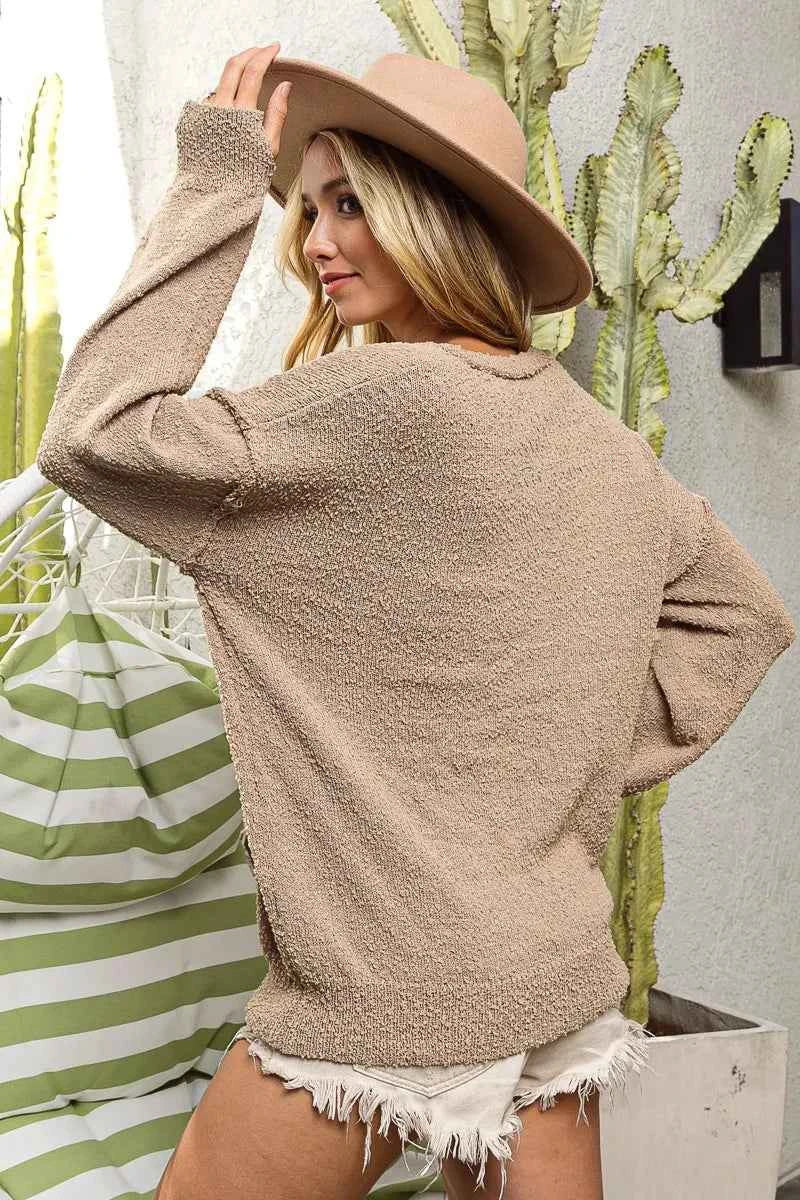 BiBi Raw Edged Popcorn Texture V-neck Sweater 34617bc472034970bedfb76b09209861-Max-Origin