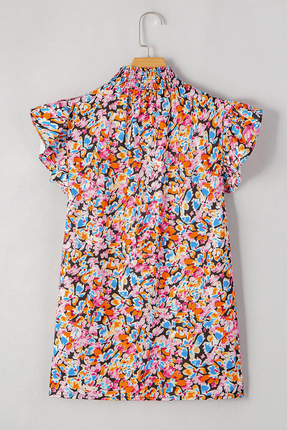 Orange Floral Print Shirred Stand Neck Flutter Shoulder Blouse 34655fcc255bcd74