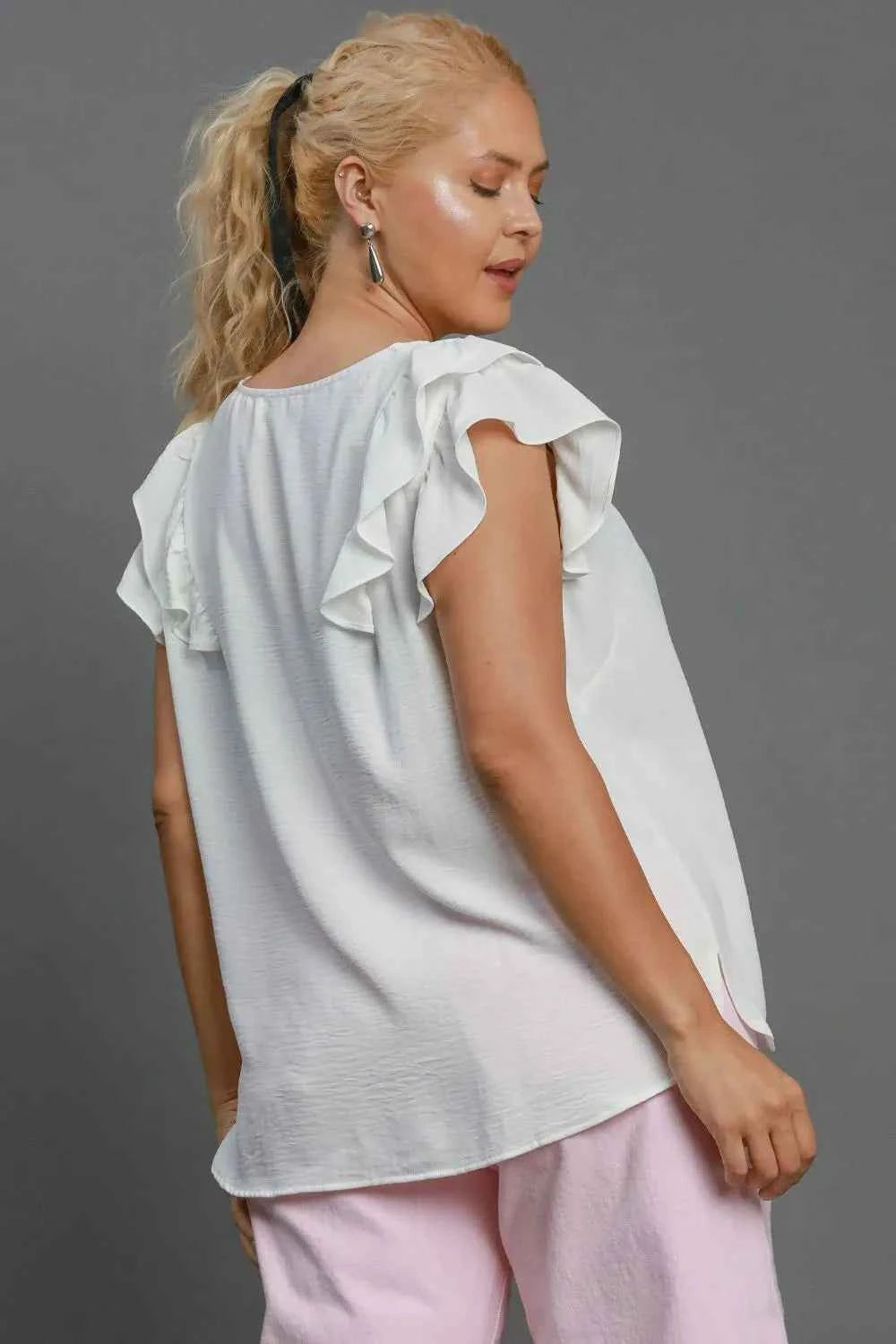 Umgee Full Size V-Neck Double Layered Ruffle Sleeve Blouse Plus Size 346ea14f-fa42-4d3e-9857-693e640f0dd0-Max