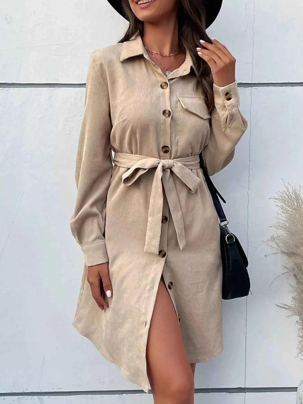 Button-Front Tie Waist Shirt Dress Tan 3490ea18-b37d-4528-9c82-974897260687-Max-Origin
