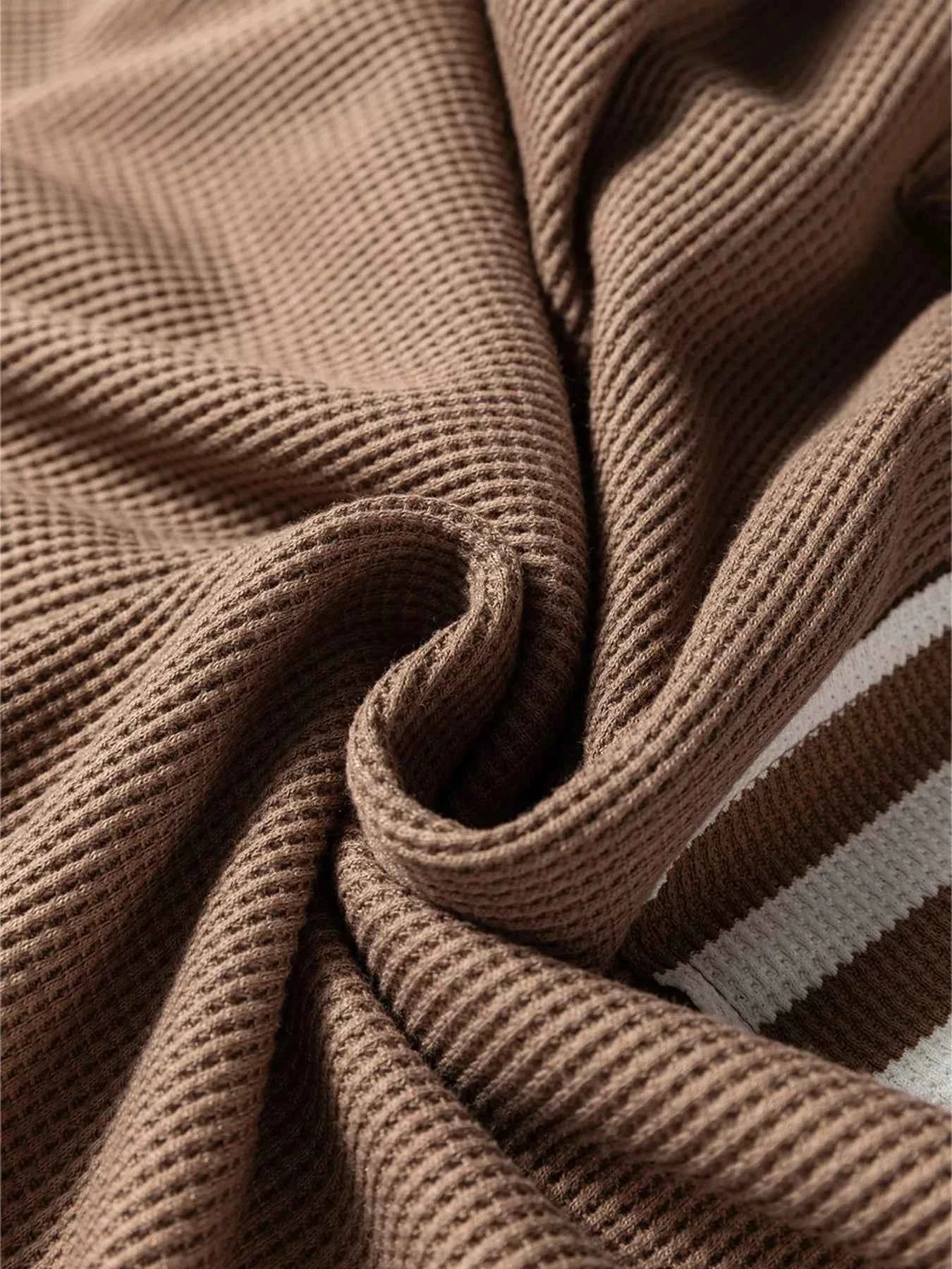 Waffle Texture Striped Patchwork Button Neck Drawstring Hoodie 349338d5364a4cf08a5f07f7b2897185-Max-Origin