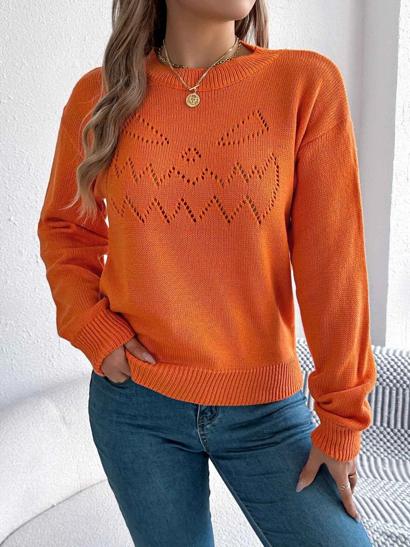 Openwork Round Neck Long Sleeve Sweater Orange 34a9ecd080f448e5ad820a4e00a2b5f9-Max-Origin