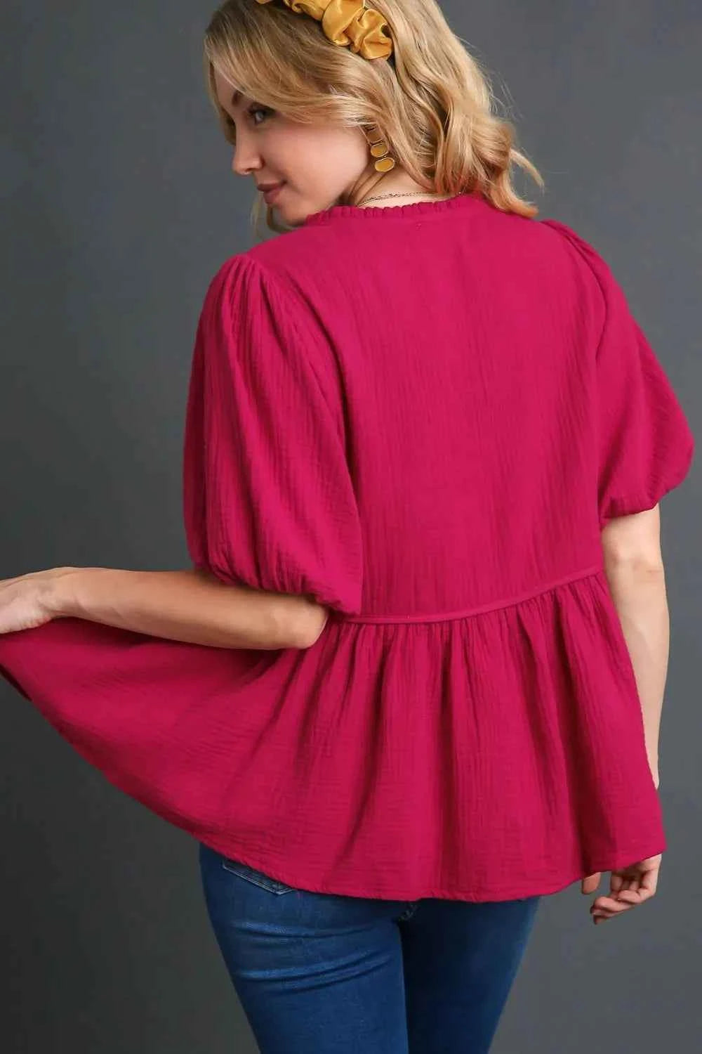 Umgee Full Size Cotton Gauze Floral Embroidery Babydoll Blouse Plus Size 34af1c10-016e-4820-a241-2f06b73db28a-Max