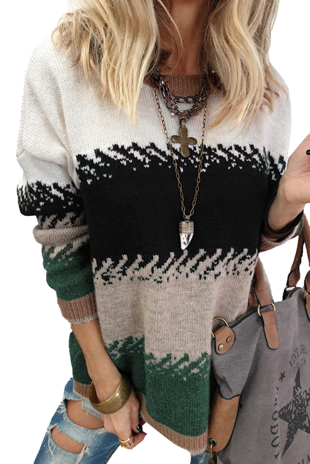 Black Stylish Color Block Pattern Drop Shoulder Sweater Black 52%Viscose+26%Polyester+22%Polyamide 34af5286179d8094