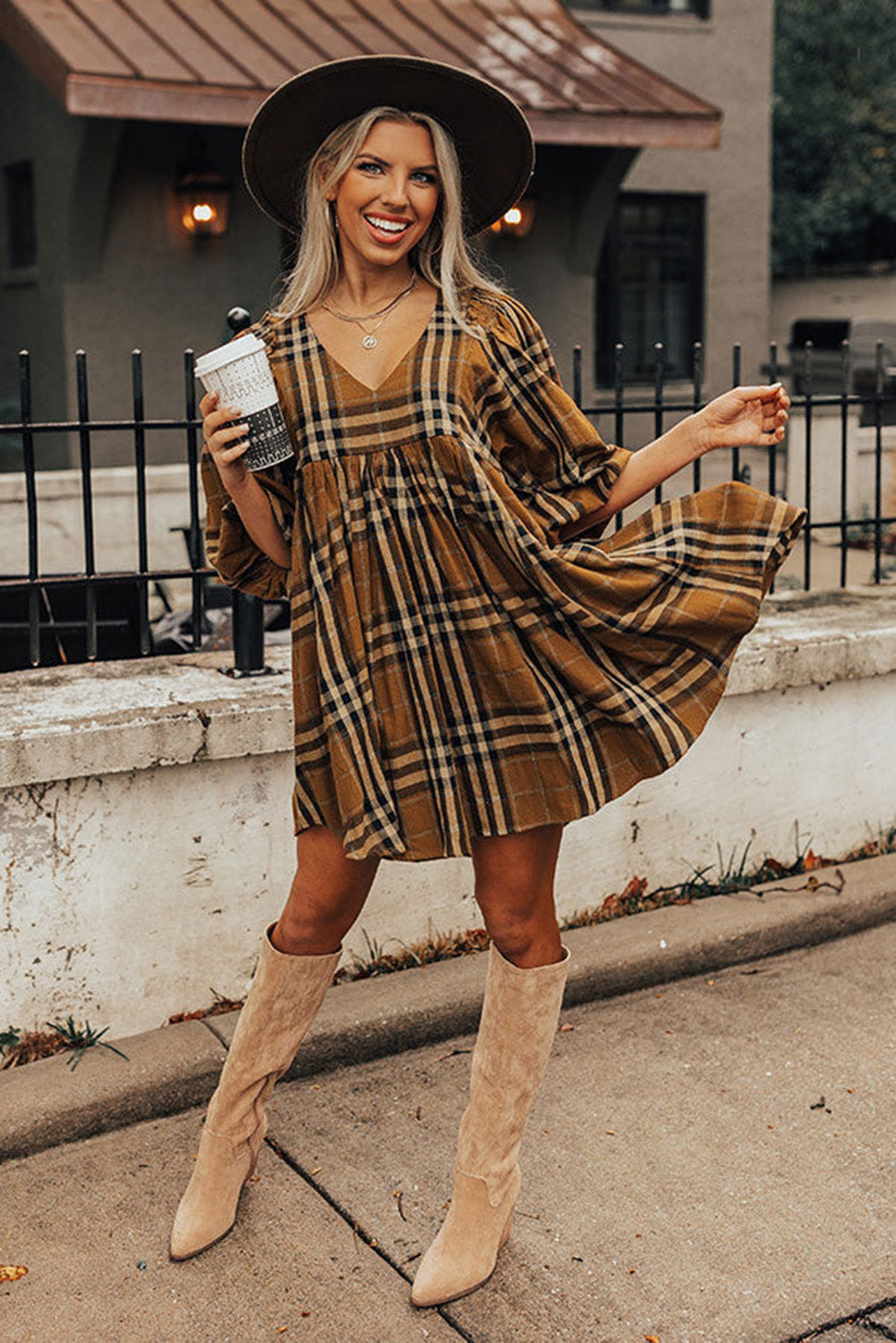 Brown Plaid Pattern Empire Waist Babydoll Dress 34b688cb8f0ad16c