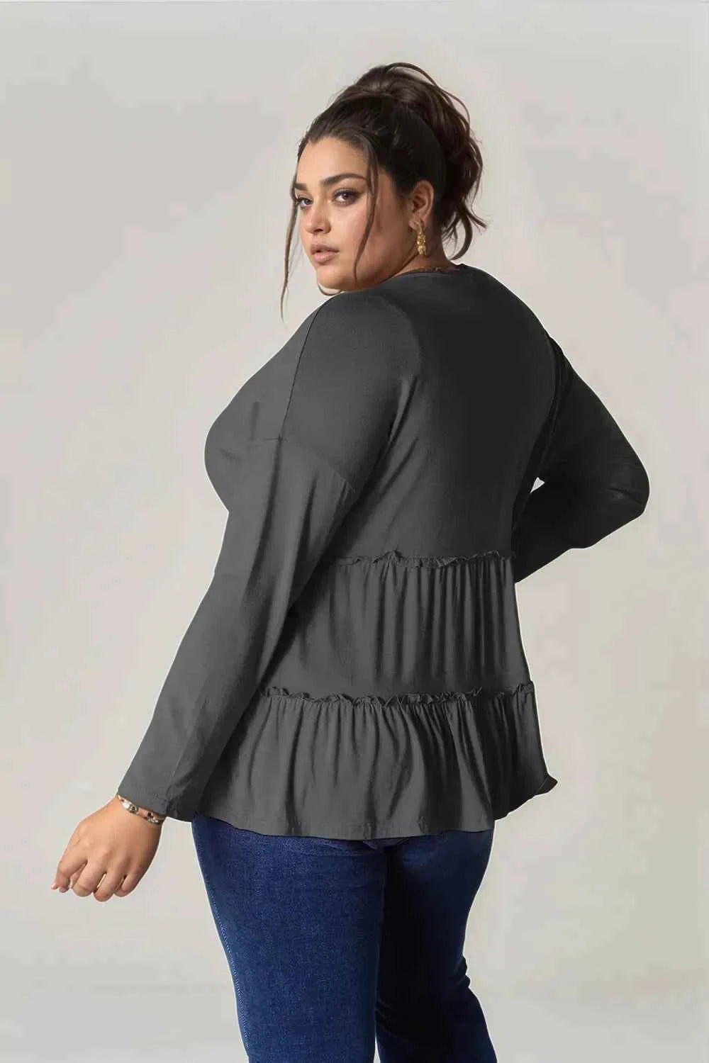 Double Take Half Button Long Sleeve Ruffle Hem Blouse 34bb83b9-a95a-4d0a-991c-053fd87a9b18-Max