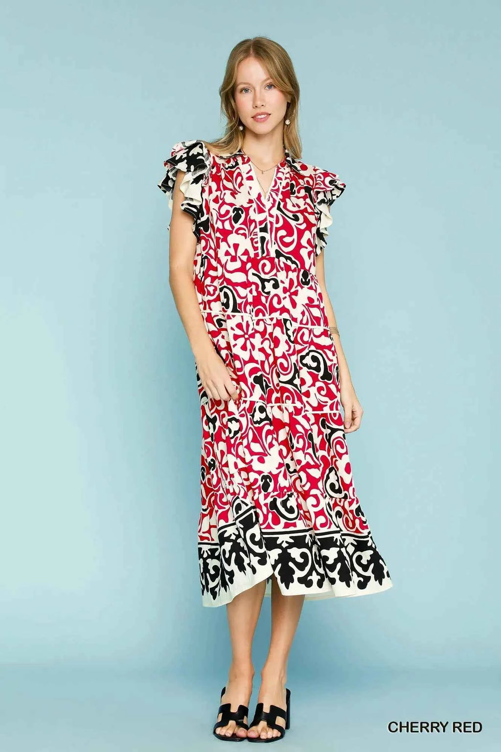 Umgee Printed Ruffled Cap Sleeve Midi Dress 34c505c1-f7c8-46a7-8ad1-ddab225da465-Max-Origin