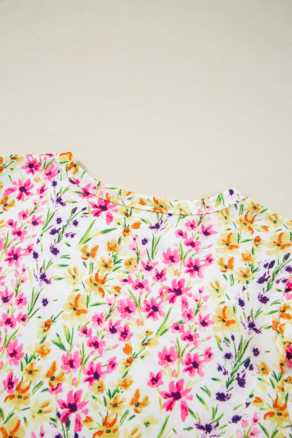 Pink Floral Puff Short Sleeve Crewneck Blouse 34c5729c36dca3b5