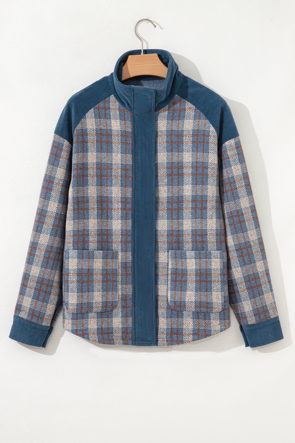 Gray Plaid Corduroy Patchwork Collared Zip Up Snap Button Jacket 34d22f77a5e5e9f7