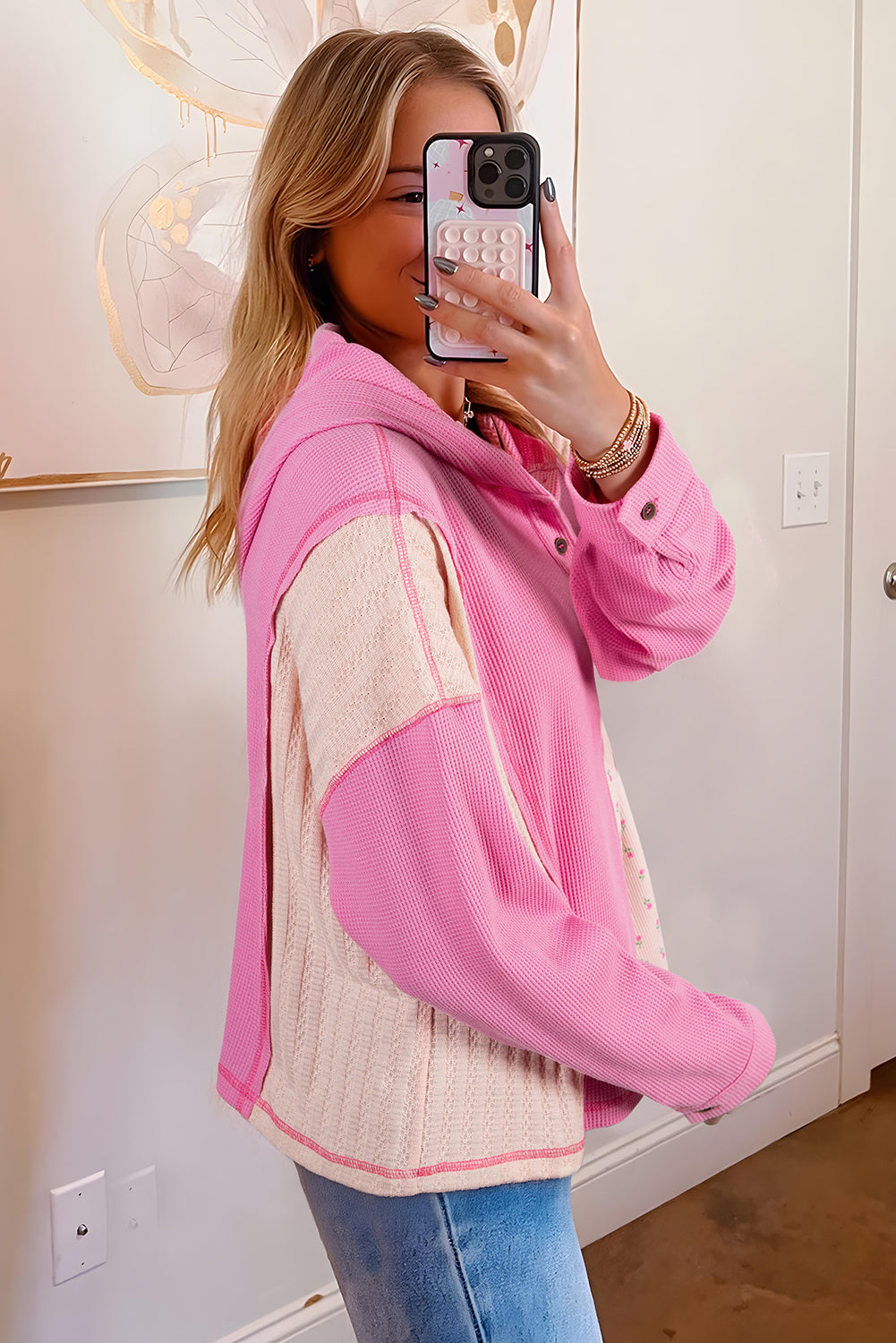 Pink Mixed Texture Waffle Floral Patchwork Hooded Oversized Pullover Top 34e383d8fb3f12c4