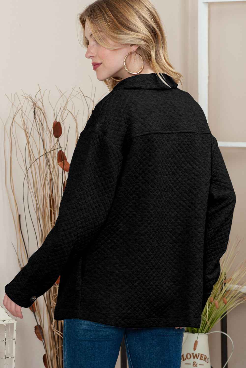 Black Lattice Texture Retro Flap Pocket Button Quilted Shacket 34e4cd9c04236beb