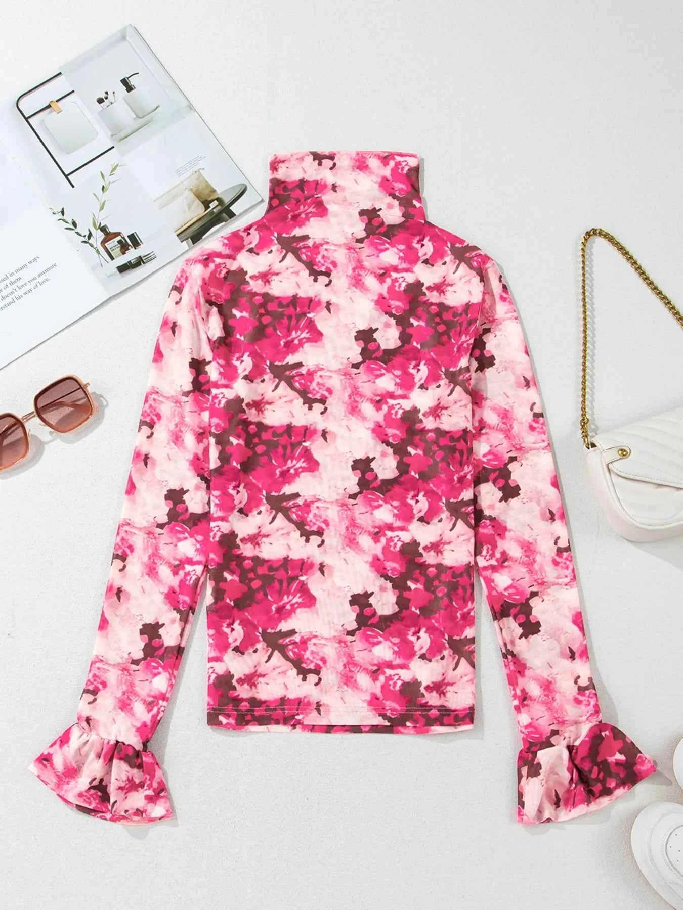Floral Mesh Flounce Sleeve Mock Neck Blouse 34e5cecc9d9544dbbd9030094d8cd050-Max-Origin