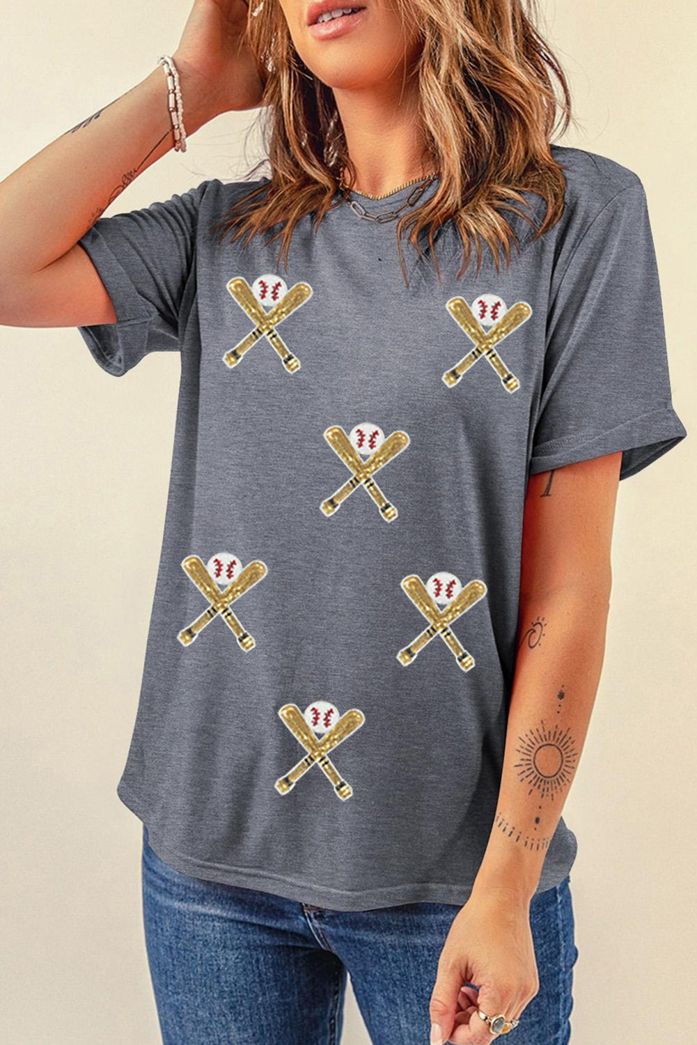 Gray Sequin Baseball Bat Graphic Game Day Casual Tee 34ebfdb94b254258