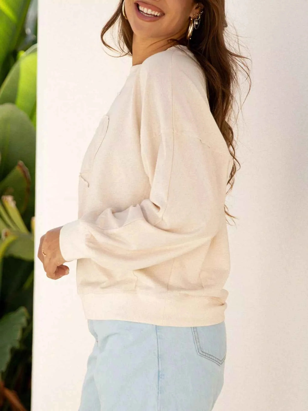 Raw Edge Flower Patch Drop Shoulder Casual Top 34f99bca-283c-4774-93cf-f42e84e9d92c-Max-Origin