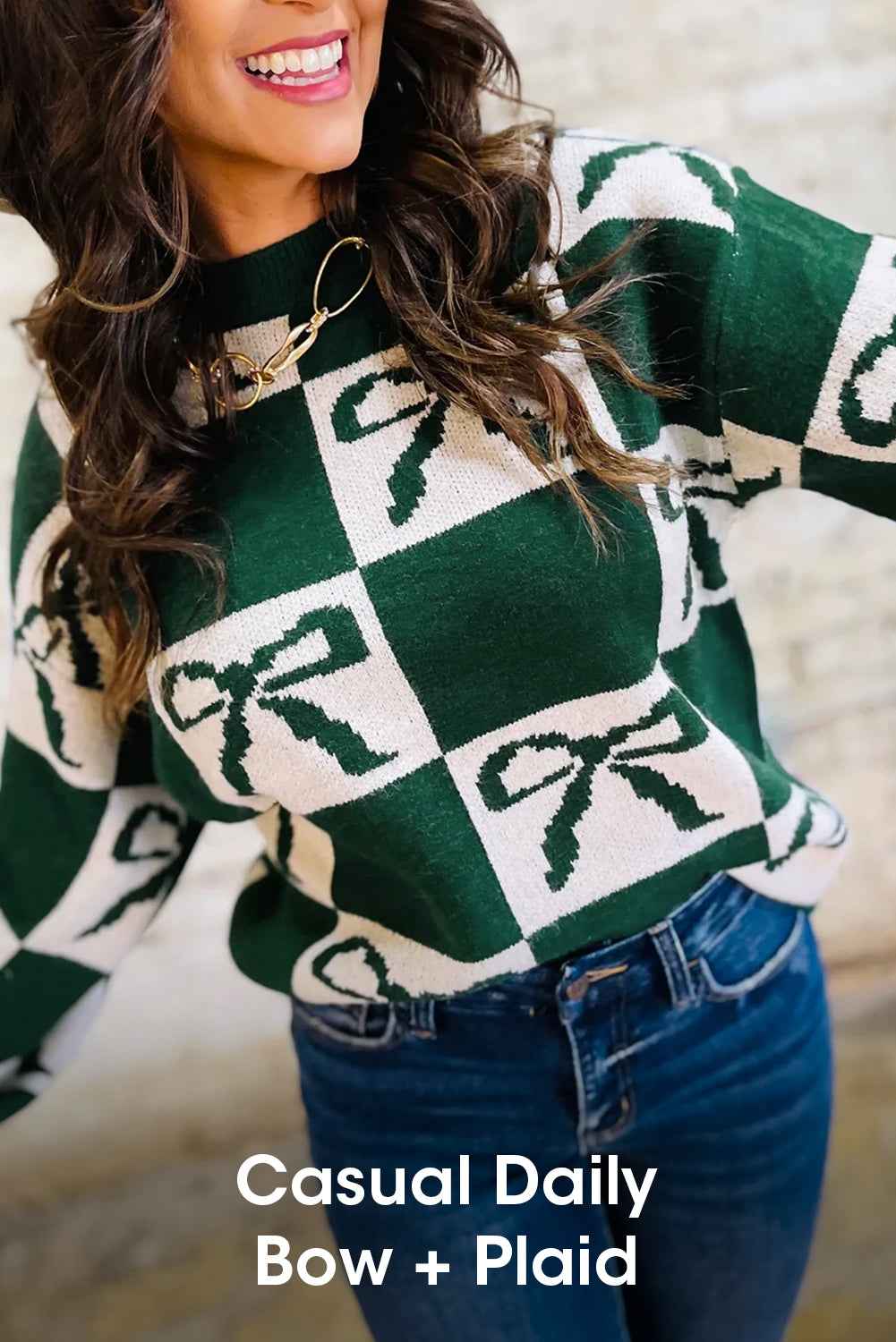 Blackish Green Bow Print Checkered Knit Sweater 3508746f6a48d933