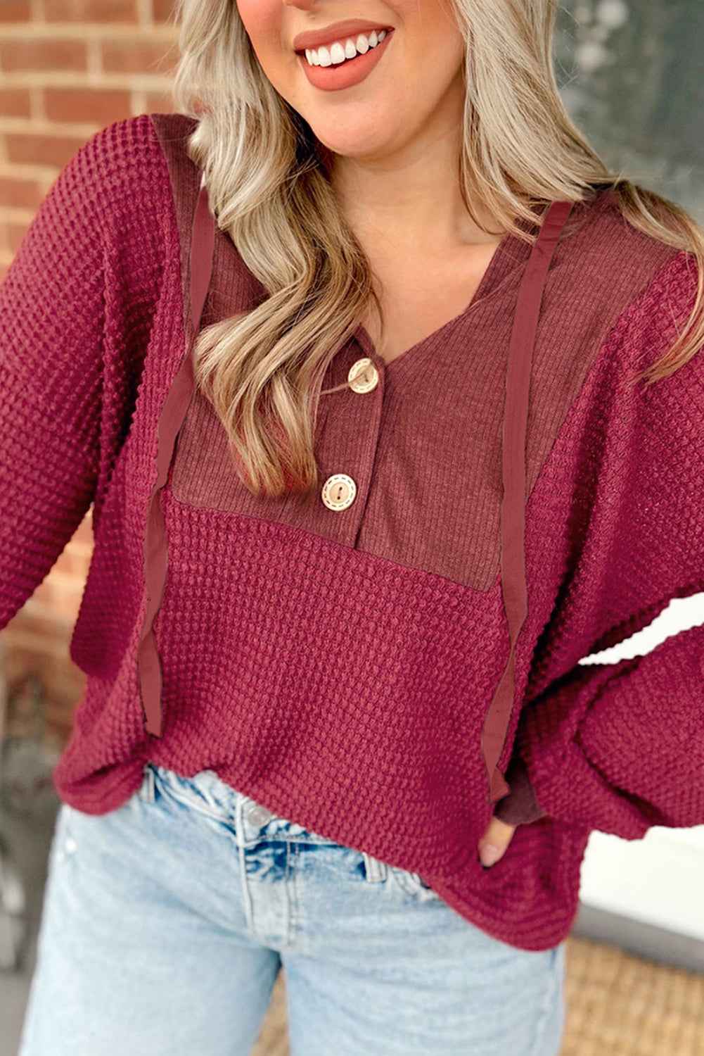 Racing Red Waffle Patchwork Drop Shoulder Hooded Long Sleeve Top Racing Red 61%Polyester+37%Viscose+2%Elastane 35259feaac402f8a