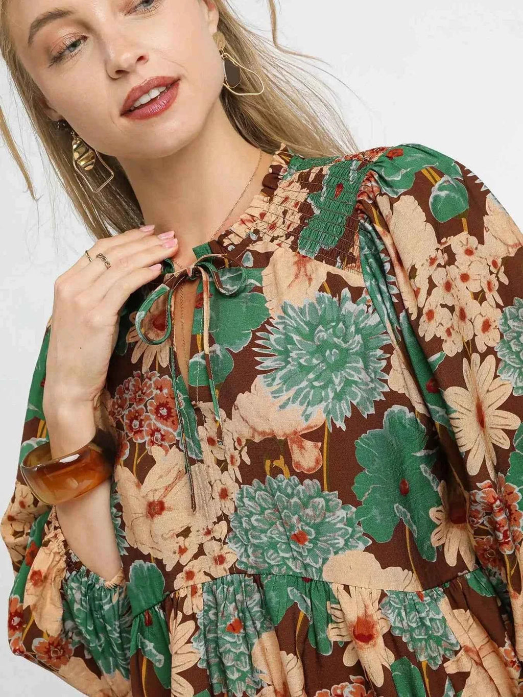 Umgee Mix Floral Peplum Blouse with Tie Neck 3529bcecac1442aeaa0b913a907b6fd3-Max-Origin