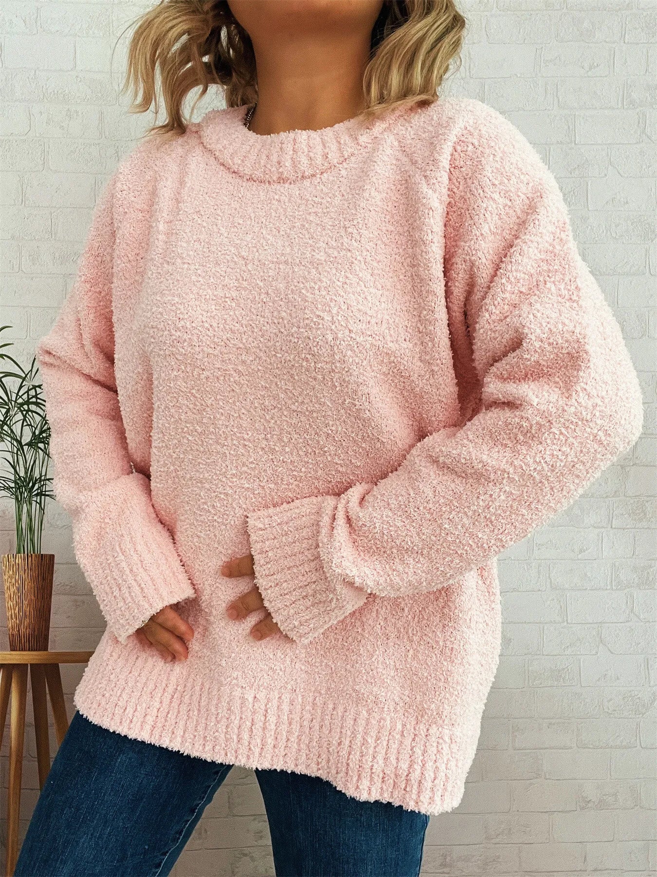 Round Neck Raglan Sleeve Sweater Pink One Size 353907373233468a8d85ba9c29c6375d-Max-Origin