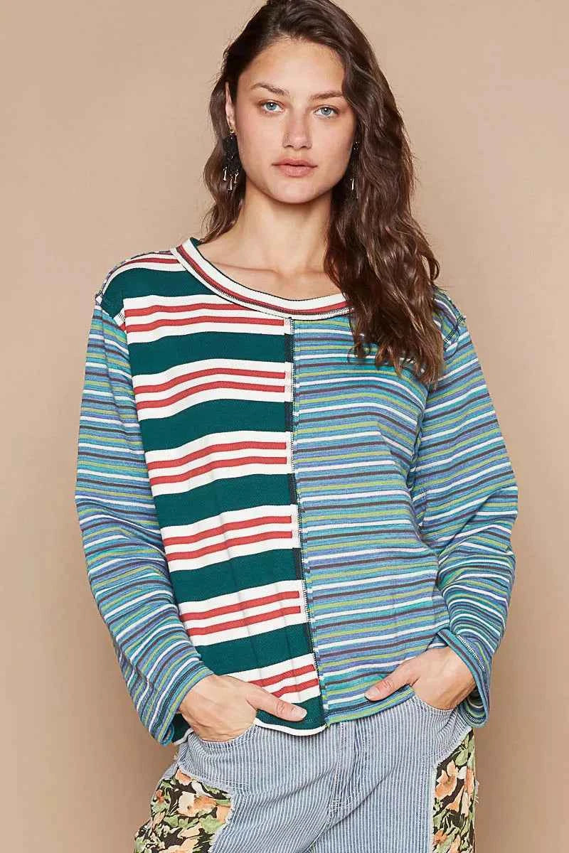 POL Color Block Striped Round Neck Long Sleeve T-Shirt GREEN MULTI 353d4a80-784e-4a75-a5a7-f1d30a1042fb-Max-Origin