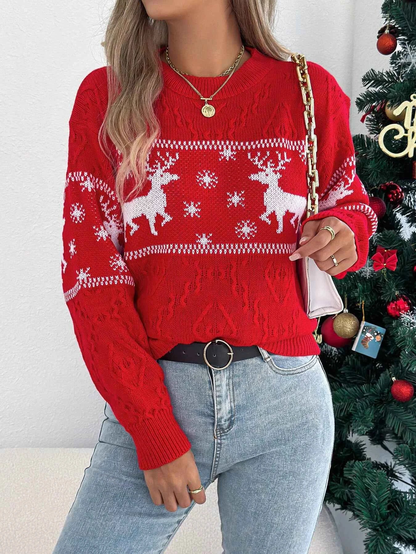 Christmas Reindeer Round Neck Sweater Red 353d8c570beb4558890dee1273a3fdaa-Max-Origin