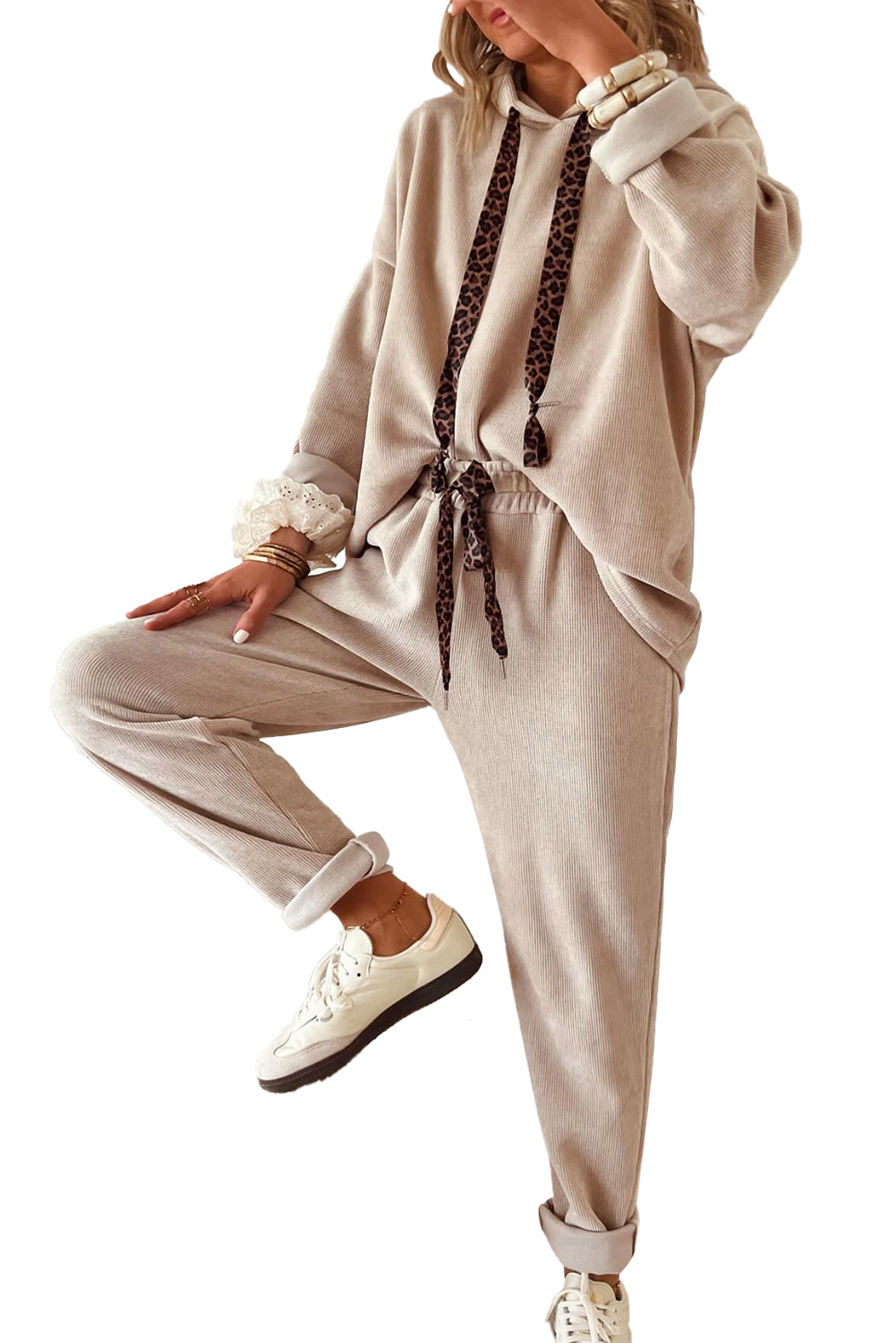 Jet Stream Drawstring Pullover Hoodie and High Waist Pants Corduroy Suit