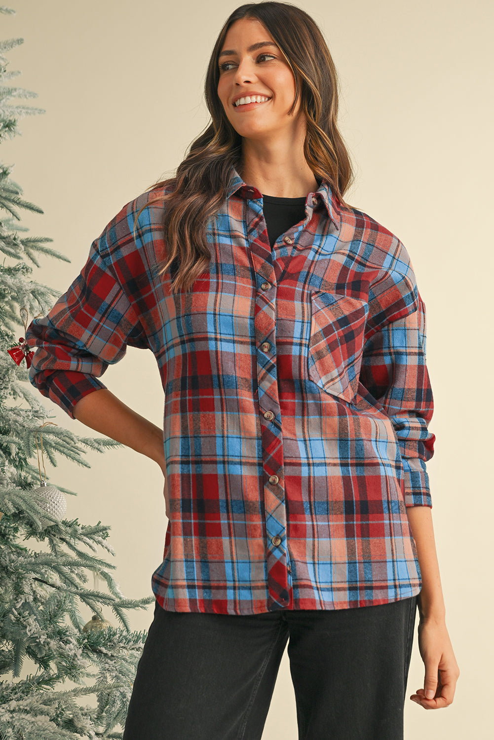 Orange Plaid Print Pocket Loose Shirt Shacket 35722ff7a7fa6229