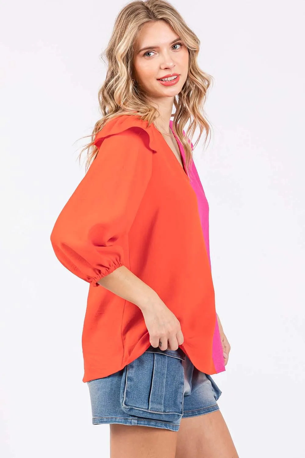 GeeGee Full Size Ruffle Trim Contrast Blouse 357490bb-499b-43c1-acba-1559a44ff697-Max