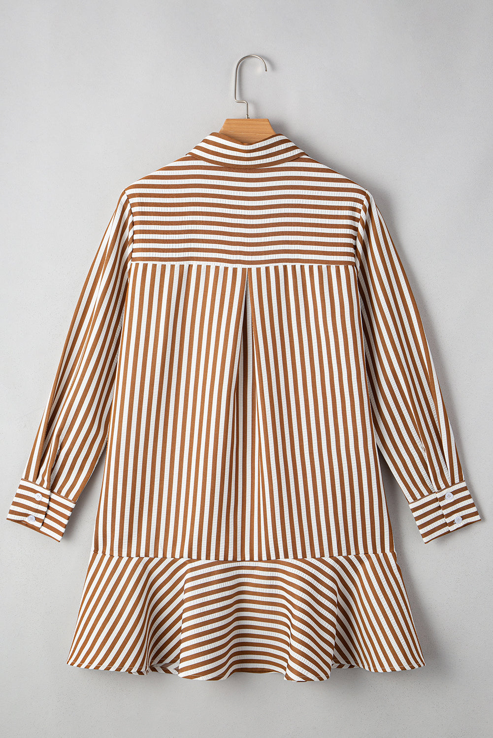 Brown Stripe Ruffle Hem Collared Long Sleeve Shirt Mini Dress 3595cf0872387908