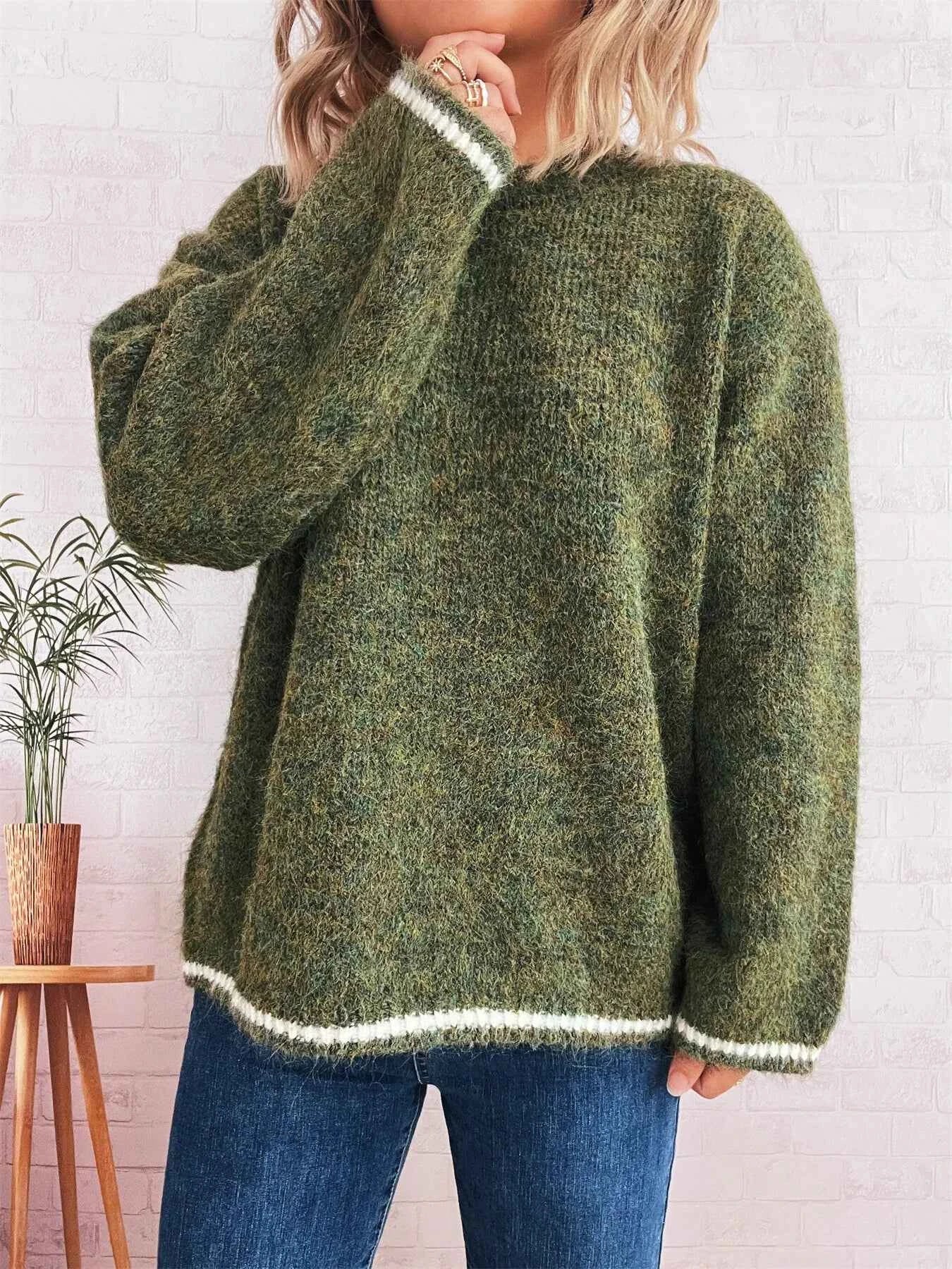 Contrast Trim Round Neck Cozy Sweater Green One Size 35ab0a4acf1b4617bd9a01be99eee431-Max-Origin