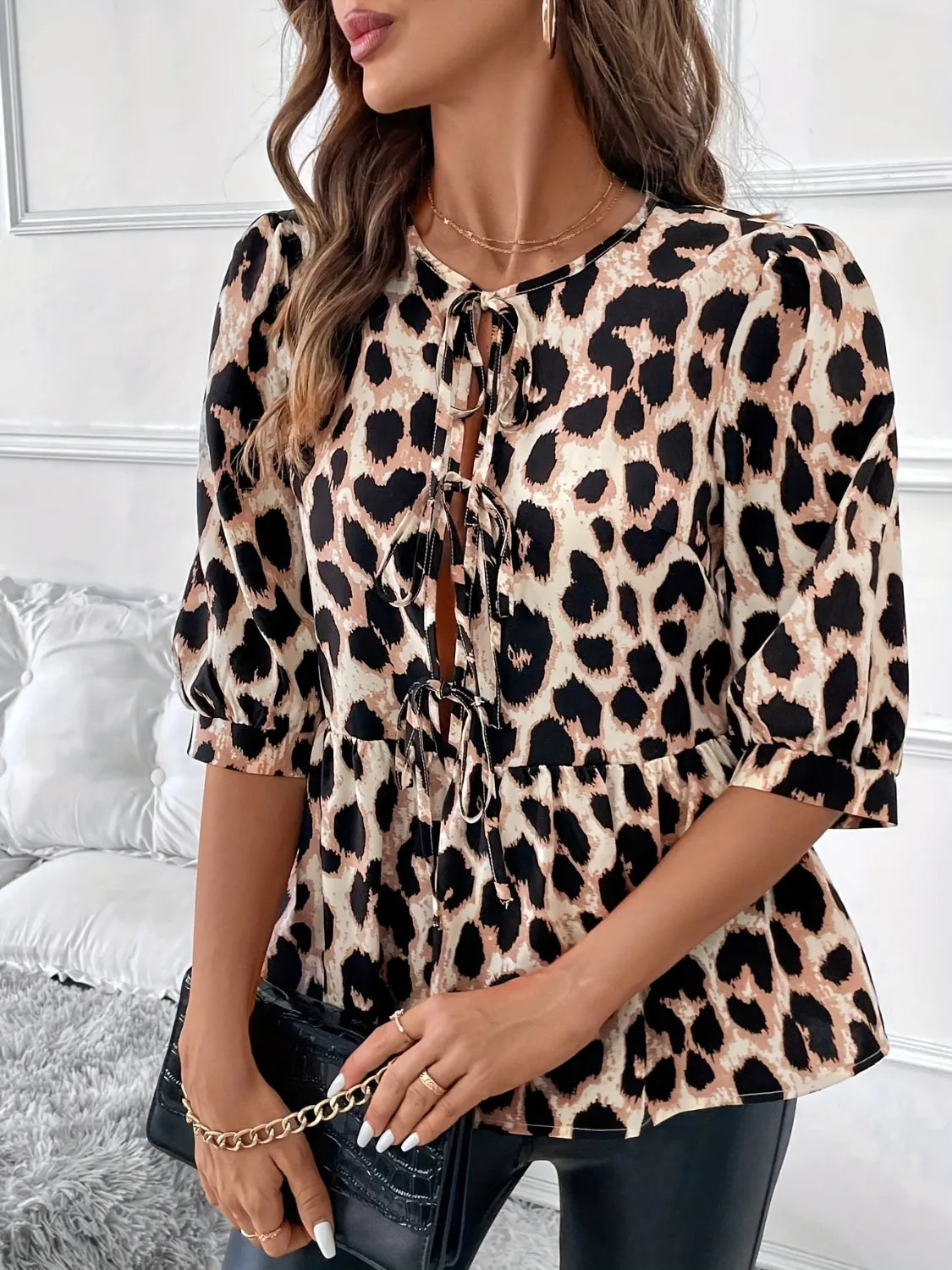 Tied Leopard Round Neck Half Sleeve Blouse 35b194c1-4d68-4d40-be99-e38f43b48ec9-Max-Origin